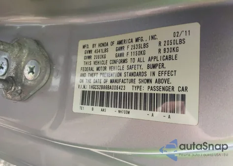 2011 Honda Accord 3.5 Ex-L z USA, uszkodzony, nr VIN 1HGCS2B86BA006423